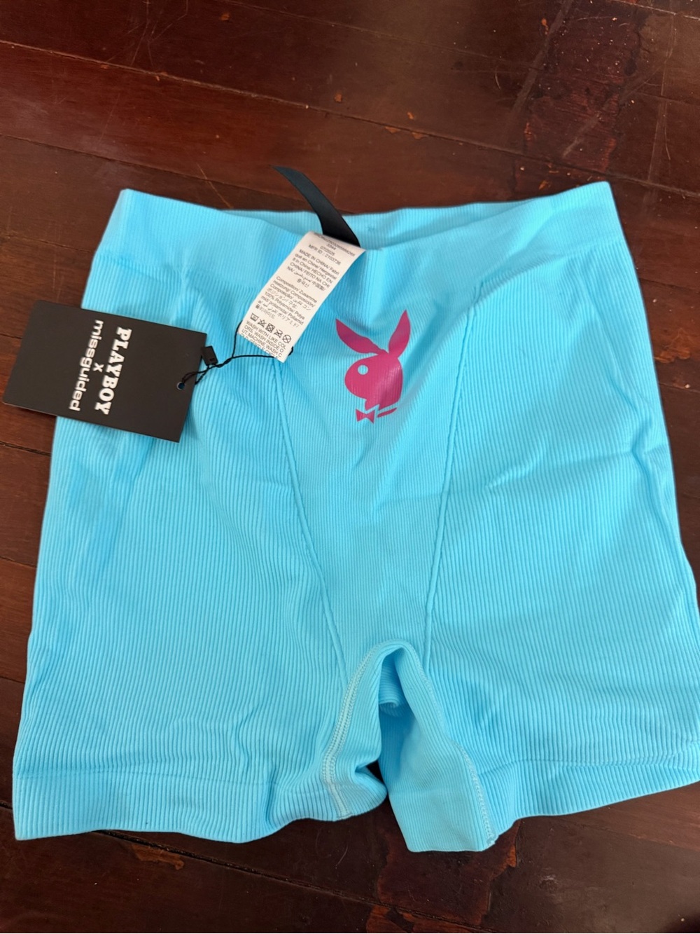 PLAYBOY Light Blue Bike Shorts with Pink Bunny Logo
